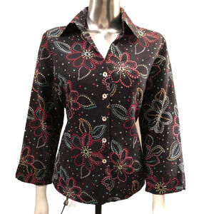 🛍️3/$40 EUC  100% Silk Floral Button Front Jacket Black Size Medium